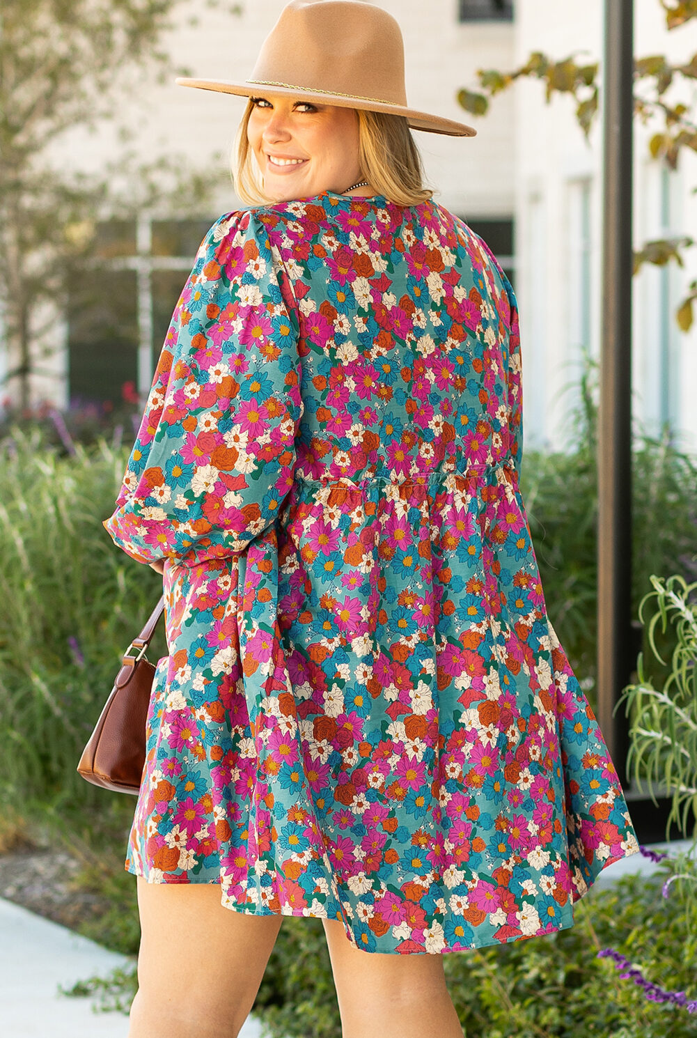 Sky Blue Plus Size Floral Print Shirred Ruffle Tiered Mini Dress