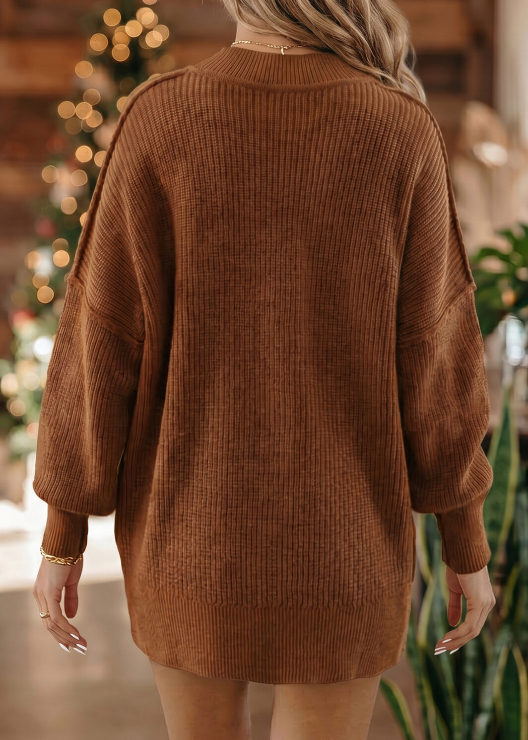 Chestnut Long Sleeve Ribbed Knit Stand Neck Regular Fit Sweater