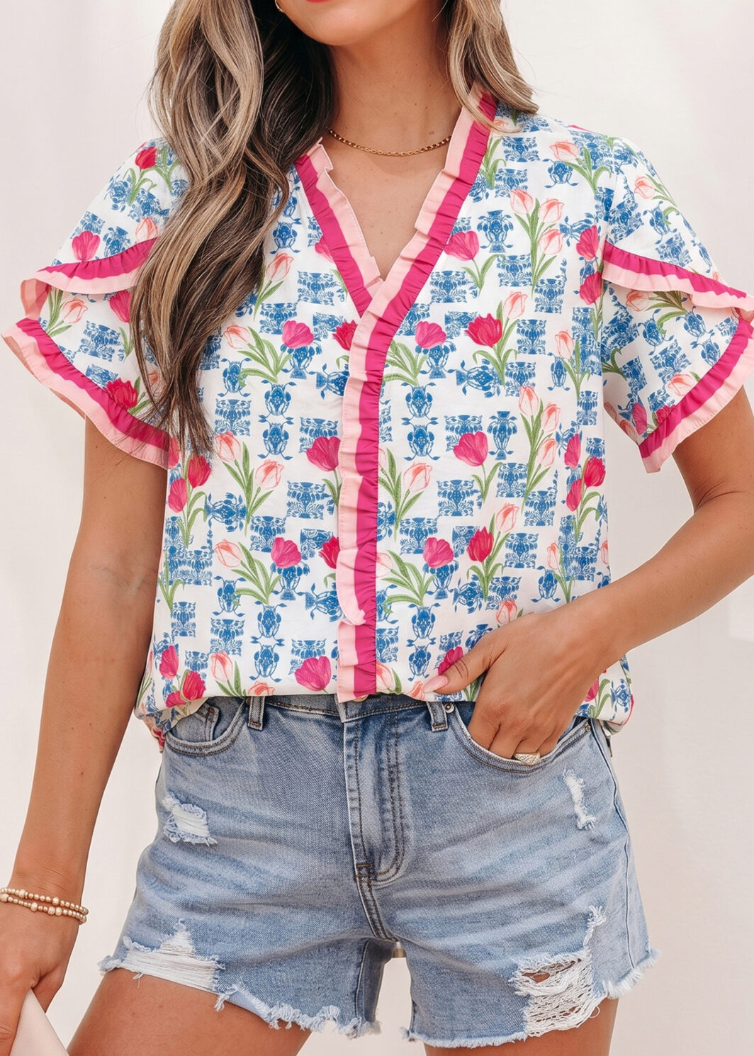 Rose Floral Print Ruffle V-Neck Short Sleeve Loose Tunic Shirt