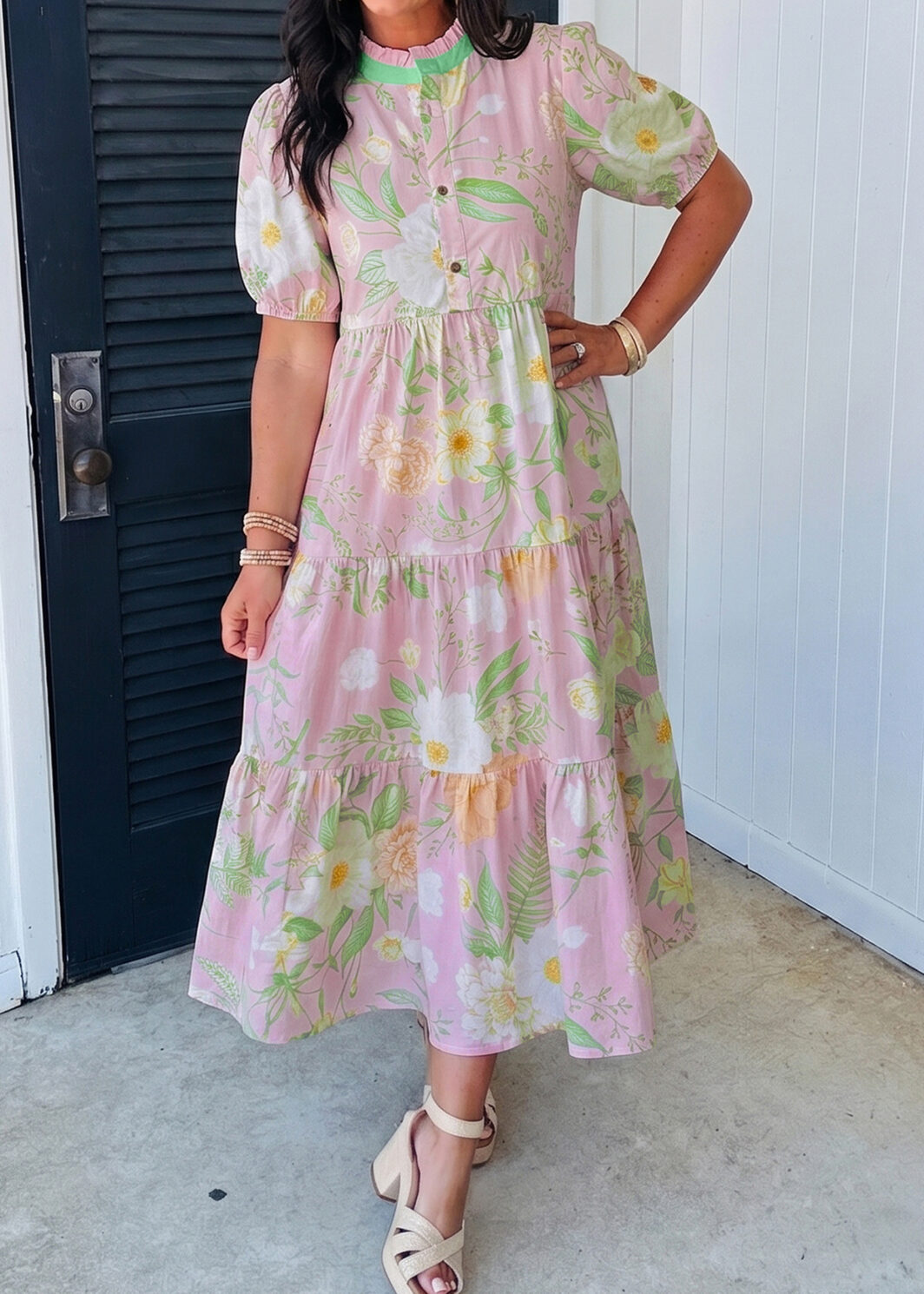 Pink Floral Print Short Puff Sleeve High Waist Tiered Maxi Dress