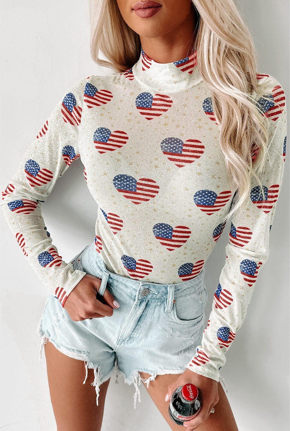 White Americana Glitter Mesh Long Sleeve Bodysuit