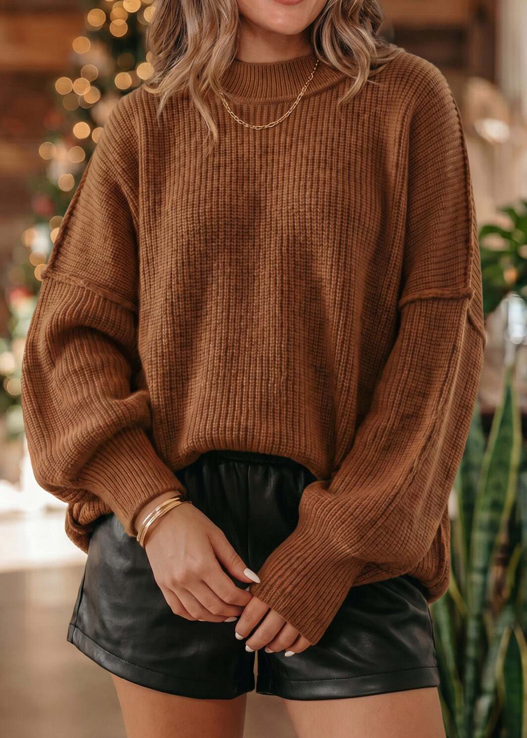 Chestnut Long Sleeve Ribbed Knit Stand Neck Regular Fit Sweater