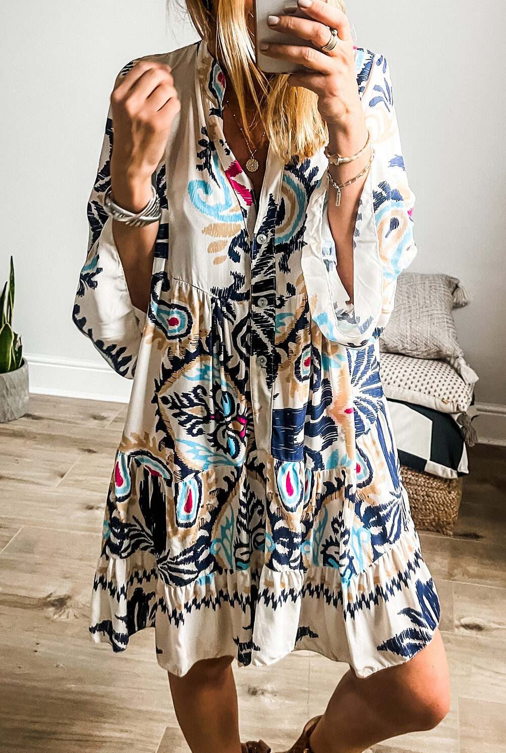 White Printed Tribal Bracelet Sleeve Buttoned Mini Dress