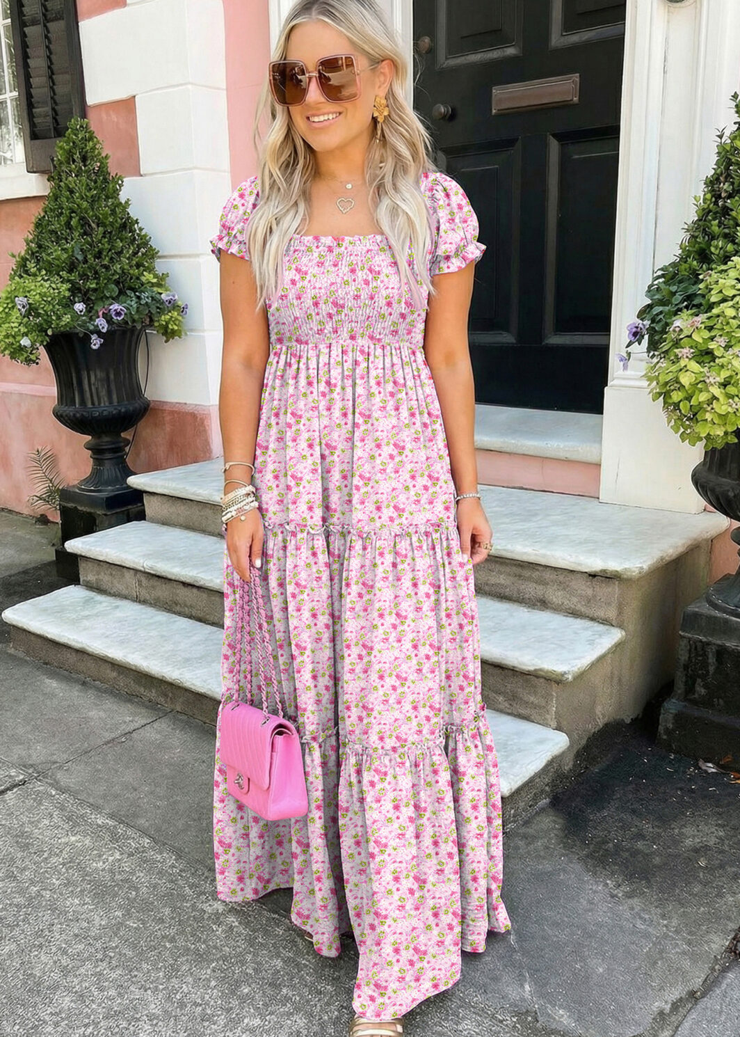 Pink Floral Short Bubble Sleeve Shirred High Waist Maxi Dress