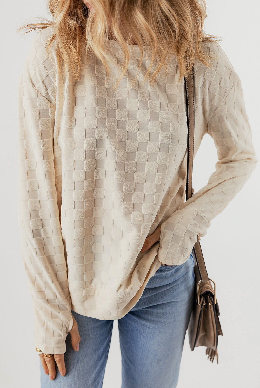 Beige Solid Textured Thumbhole Sleeve Top
