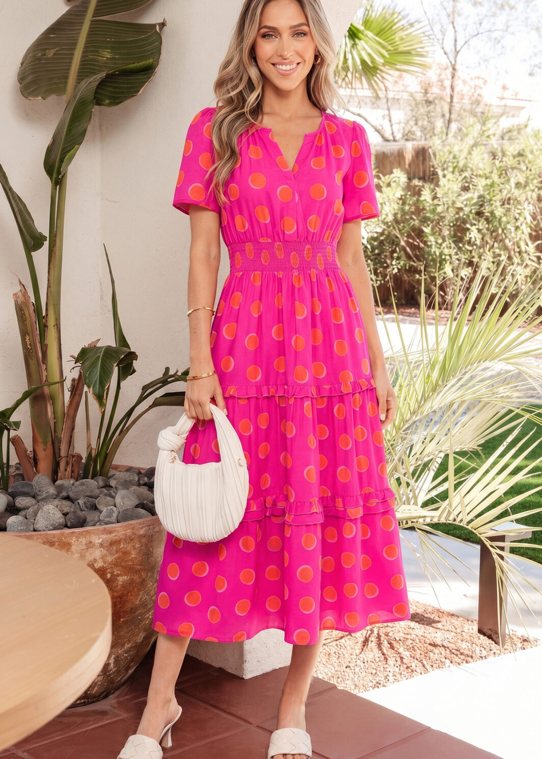 Rose Double Polka Dot Short Sleeve Shirred High Waist Midi Dress