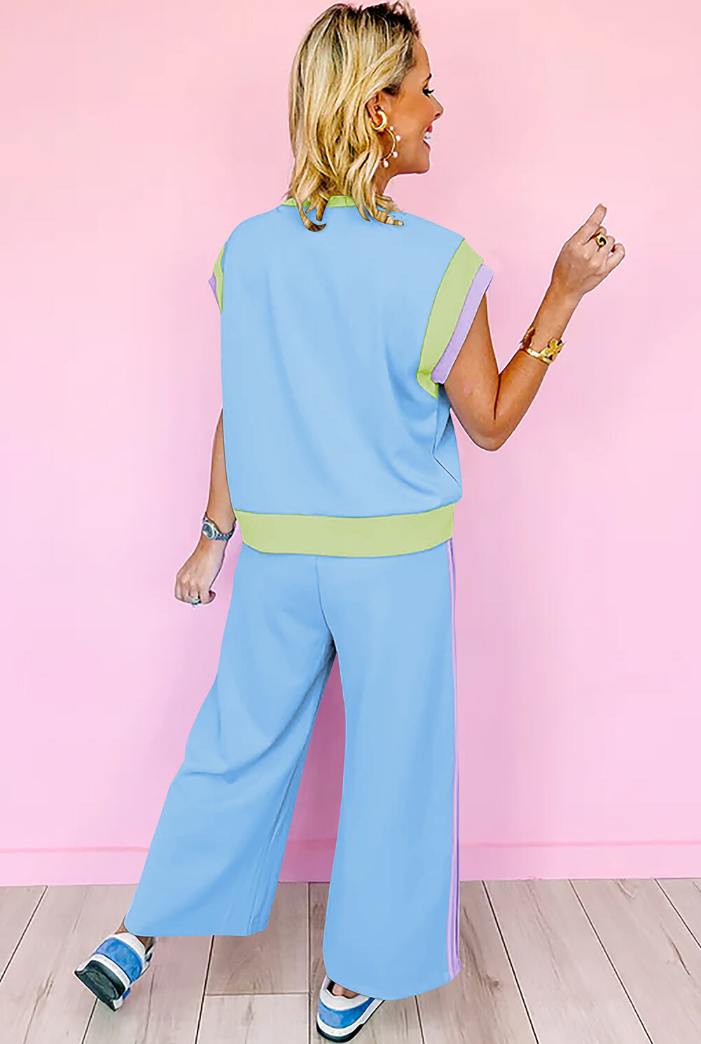 Sky Blue Color Block Detail Casual Two-piece Outfit