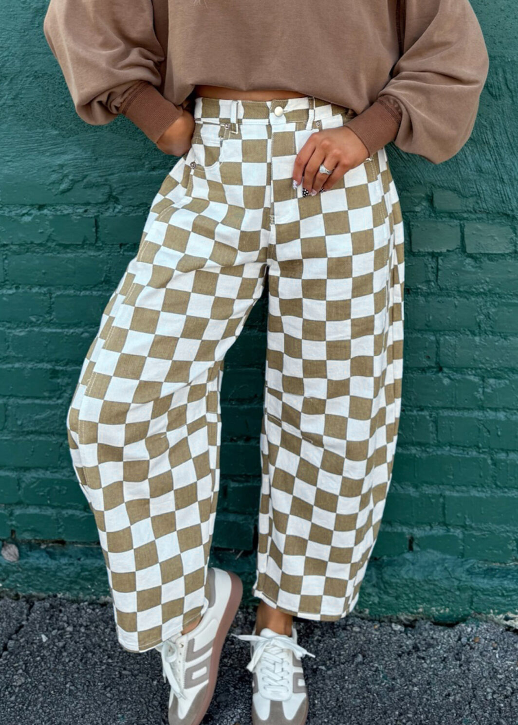 White Checkered Print Denim Barrel Pants