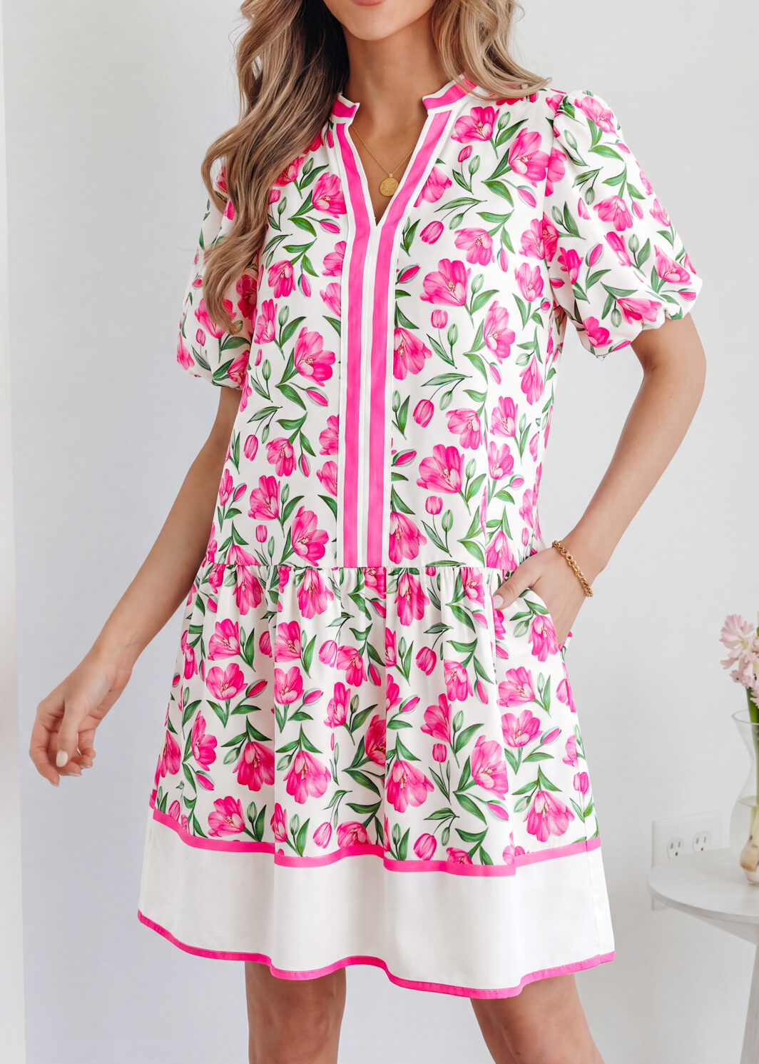 Multicolour Sweet Floral Print Striped Color Block Trim Short Dress