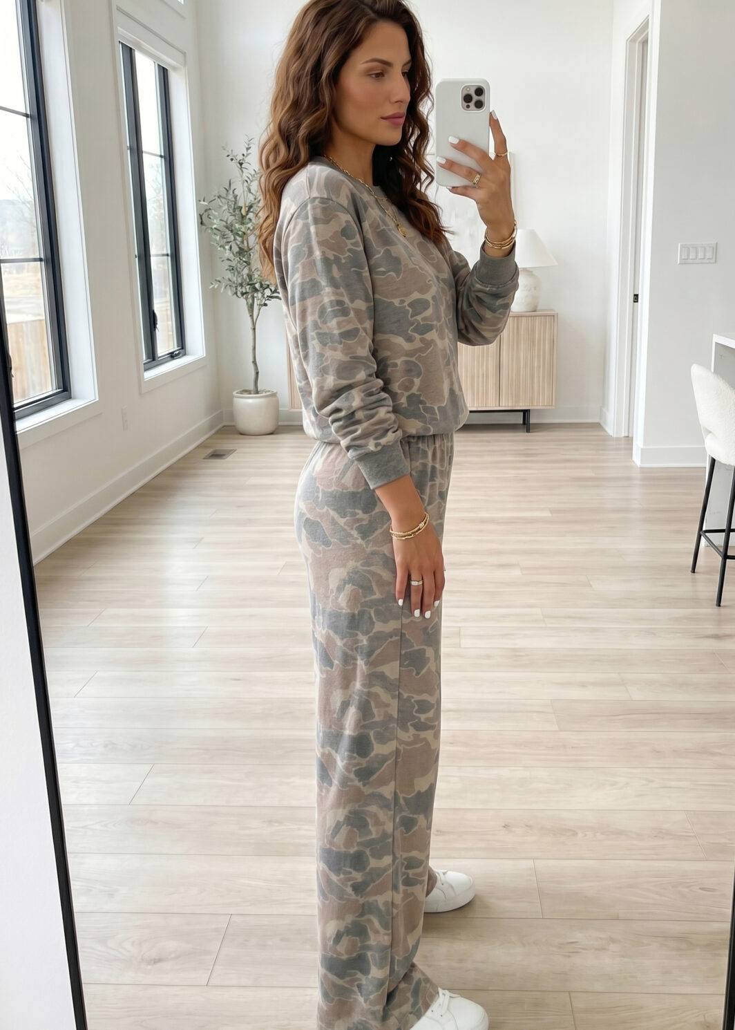 Multicolour Camouflage Print Long Sleeve Top Loose 2pcs Pants Set