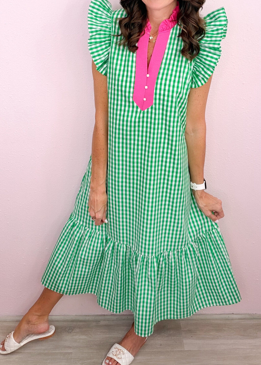 Bright Green Summer Color-Blocked Plaid Pattern Midi Dress