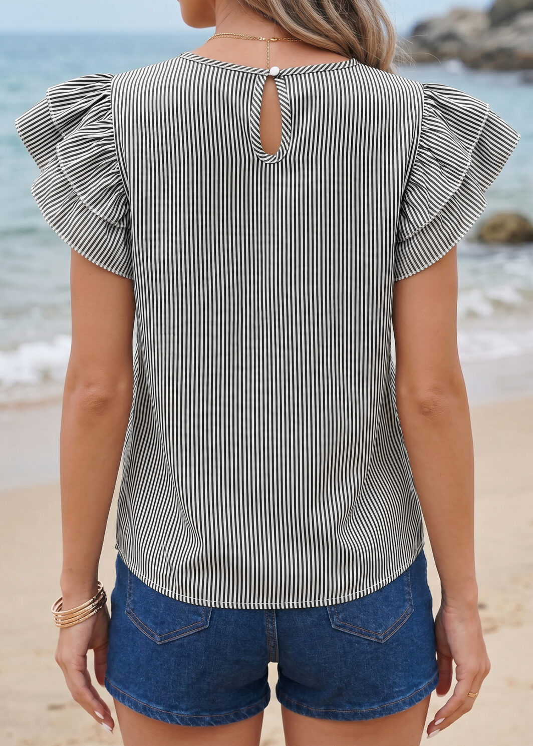 Black Stripe Striped Ruffle Sleeve Short Sleeve Round Neck Casual Shift Blouse