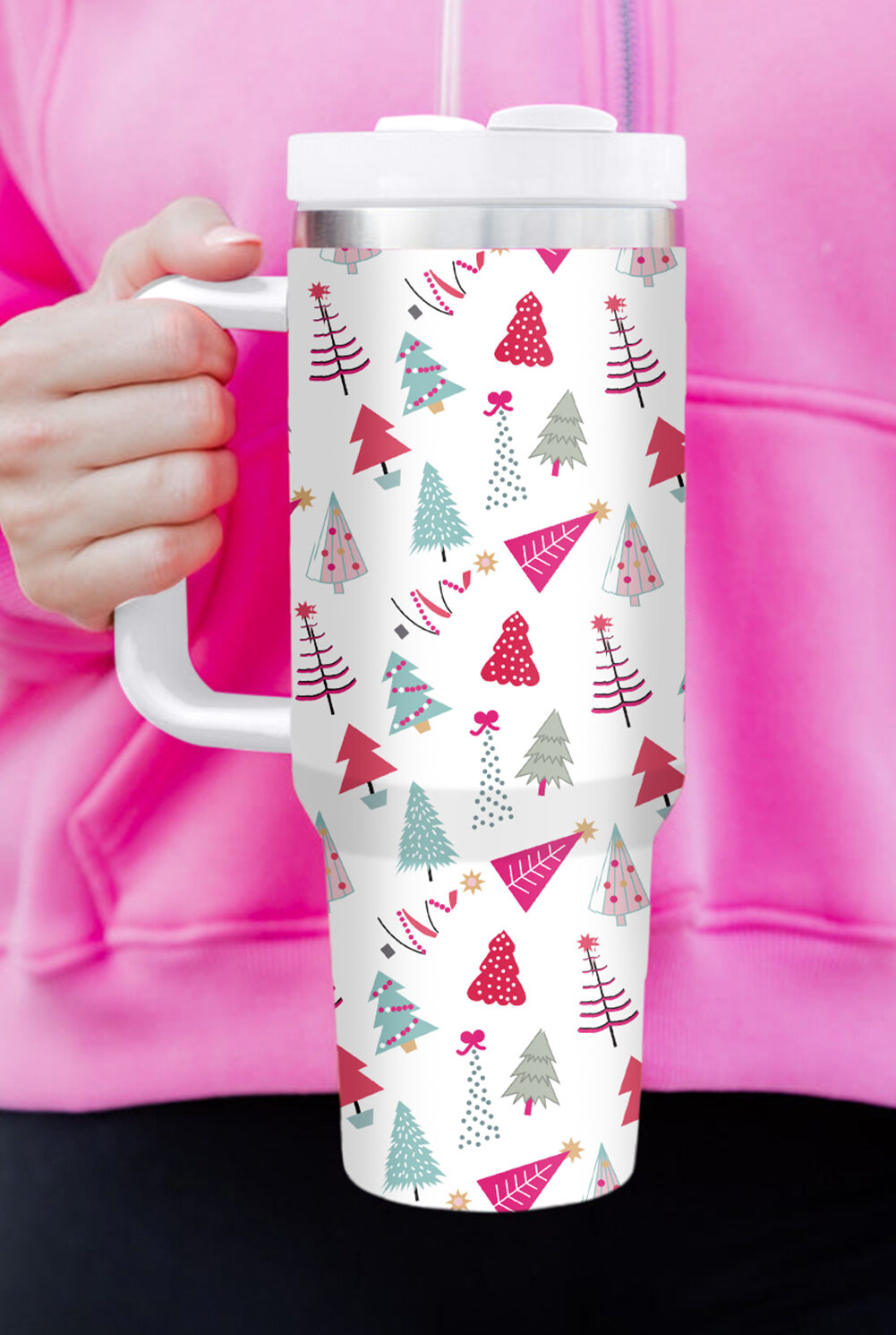White Cartoon Christmas Tree Printed Thermos Cup 40oz