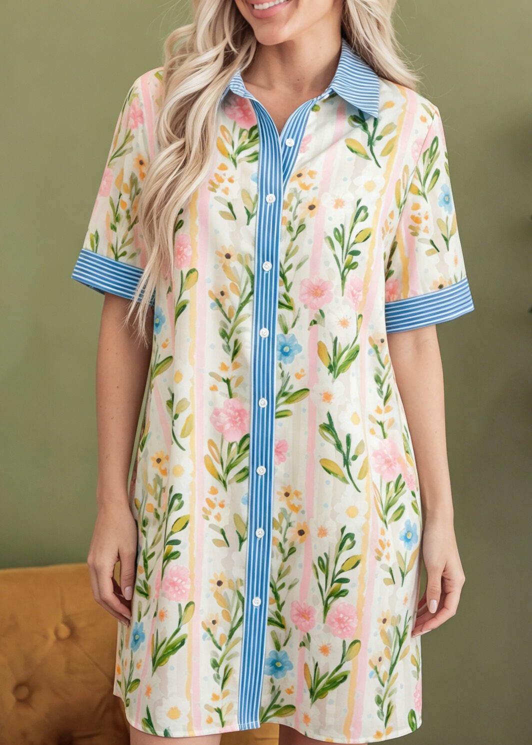 Multicolour Floral Print Striped Trim Button Down Shift Dress