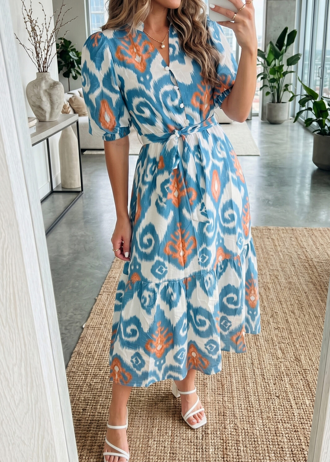 Sky Blue Boho Floral Print Short Puff Sleeve Button Down Ruffle Hem Midi Dress