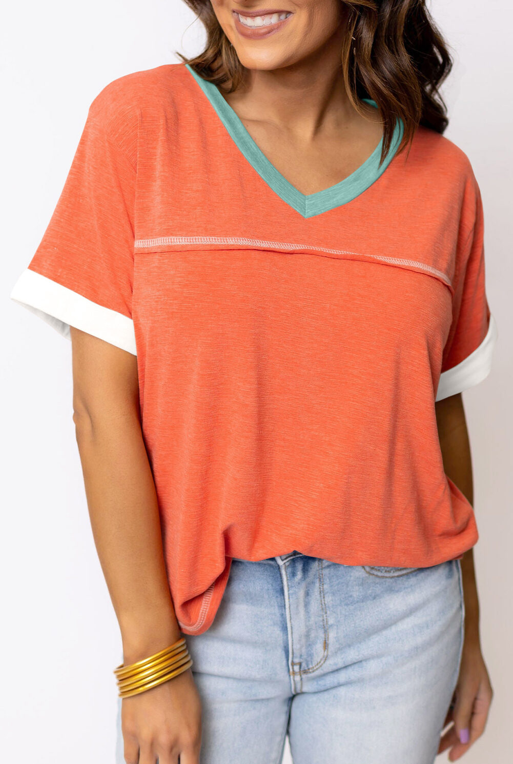 Grapefruit Orange Contrast Trim Exposed Seam V Neck T-shirt