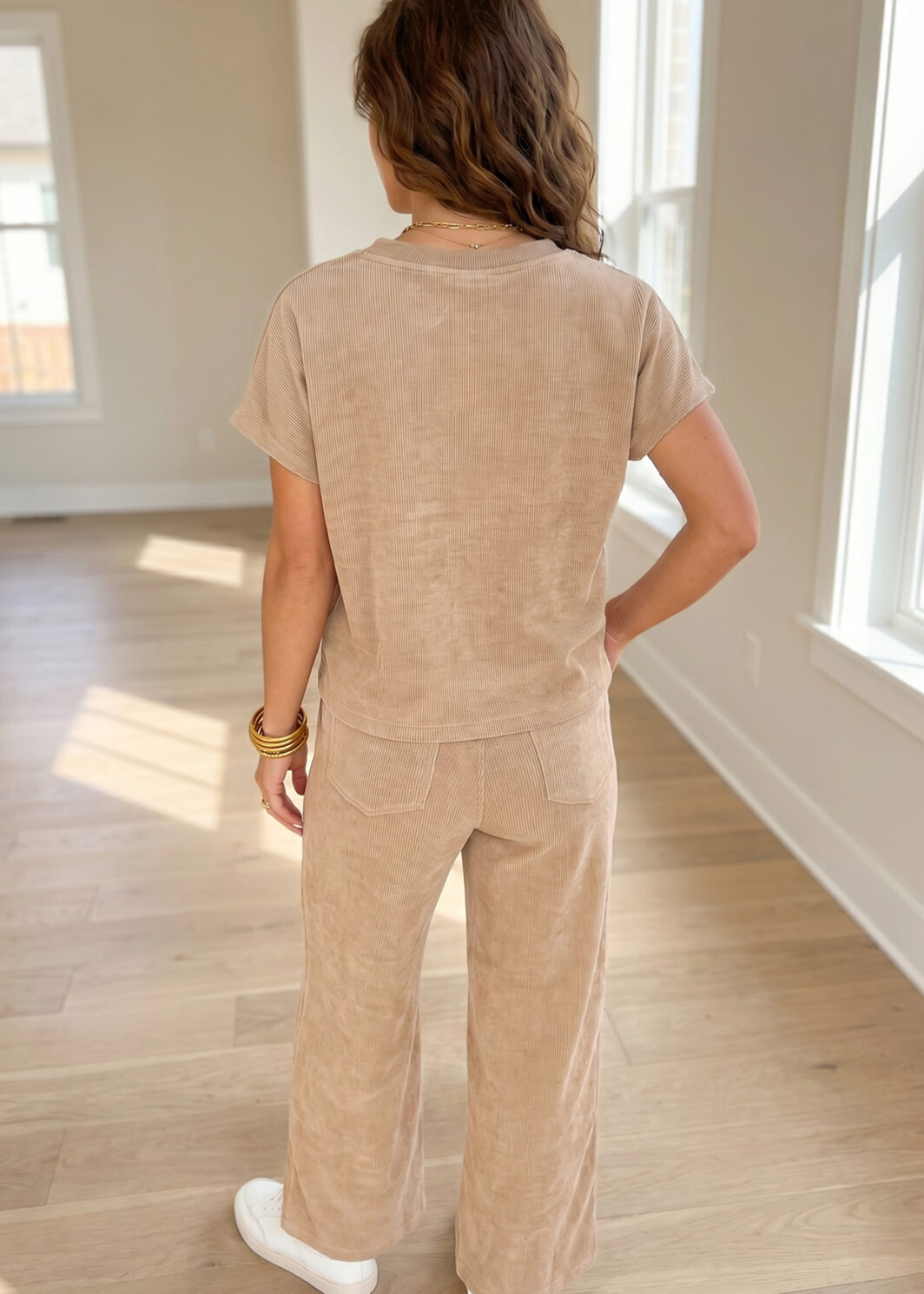 Light French Beige Solid Color Short Sleeve Ribbed Top Casual Pants 2pcs Set