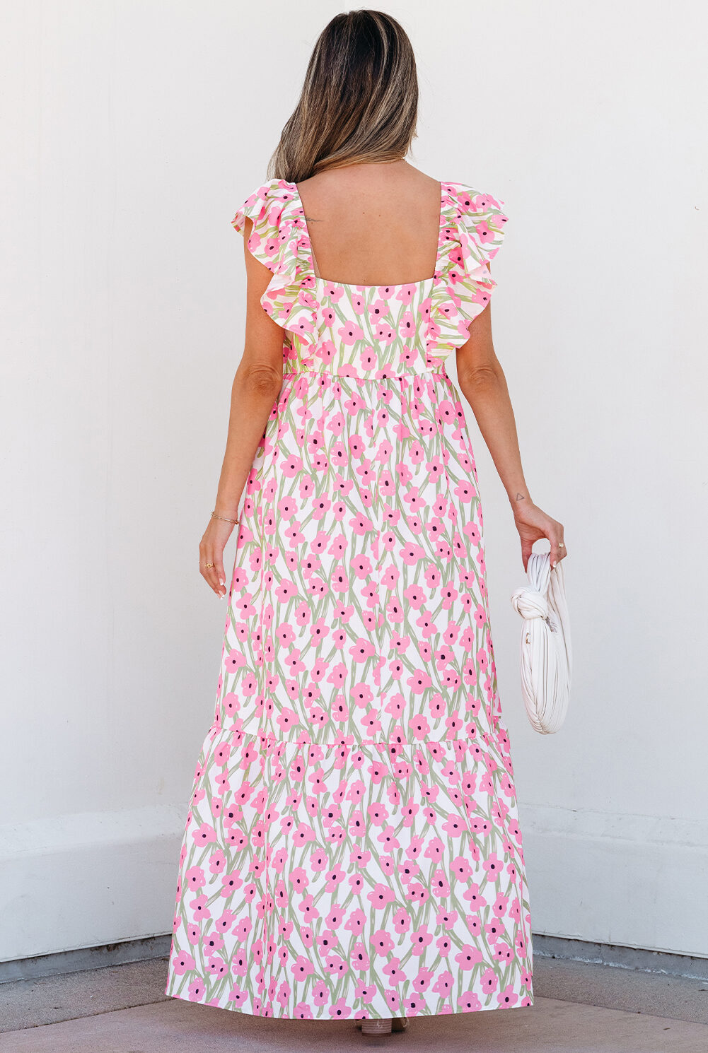 Pink Floral Print Square Neck Ruffled Strap Maxi Dress