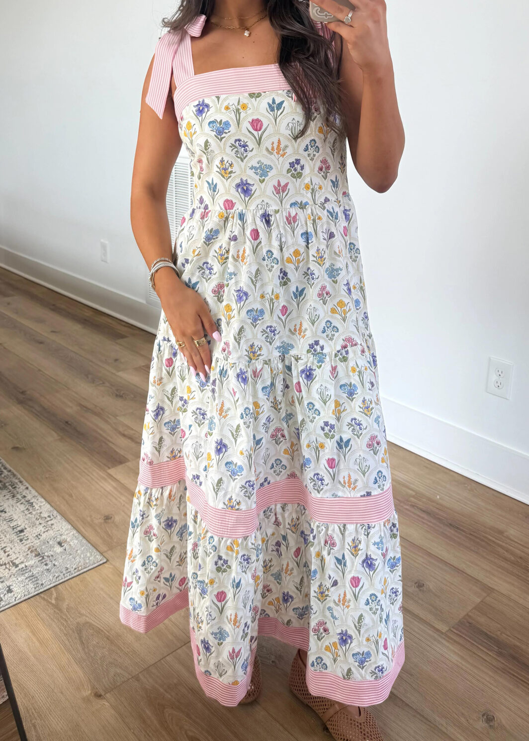 Multicolour Floral Print Striped Detail Knot Straps Maxi Dress