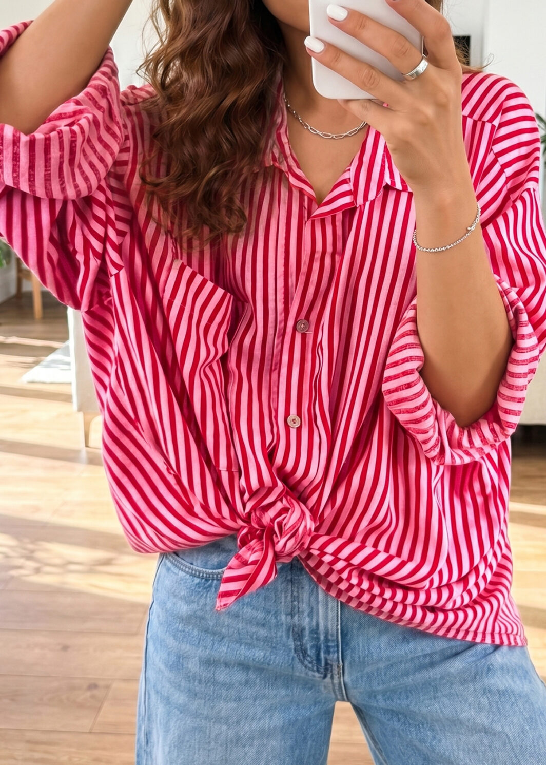 Red Stripe Button-Up Shirt Long Sleeve Patch Pocket Casual Shirt