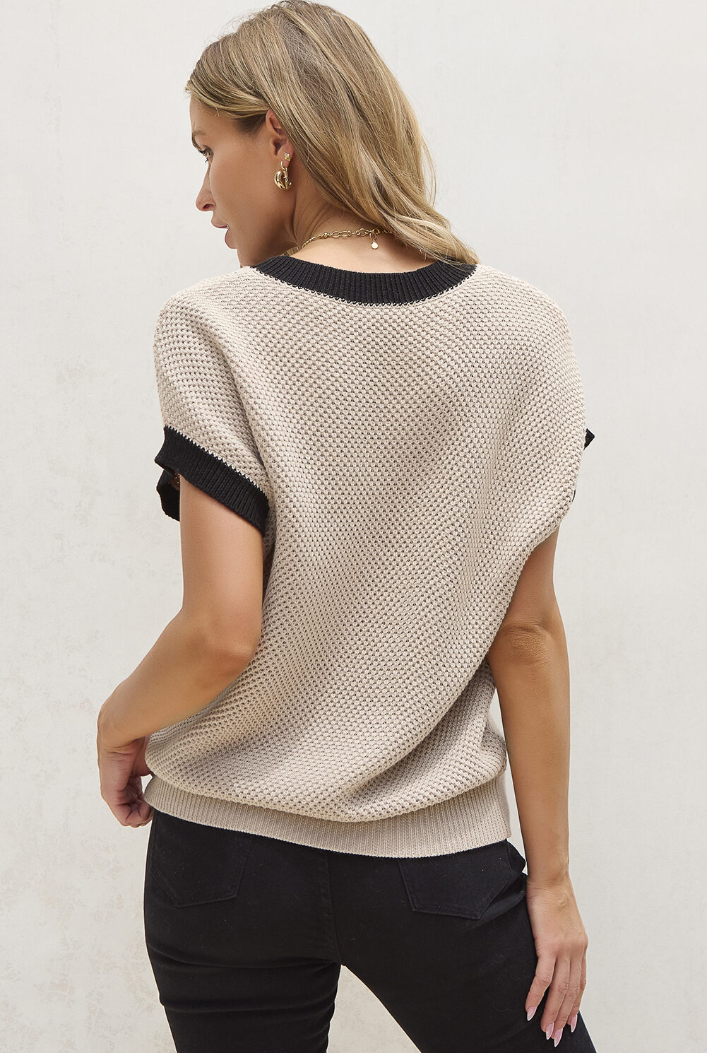 Light French Beige Contrast Trim Round Neck Batwing Sleeve Sweater Top