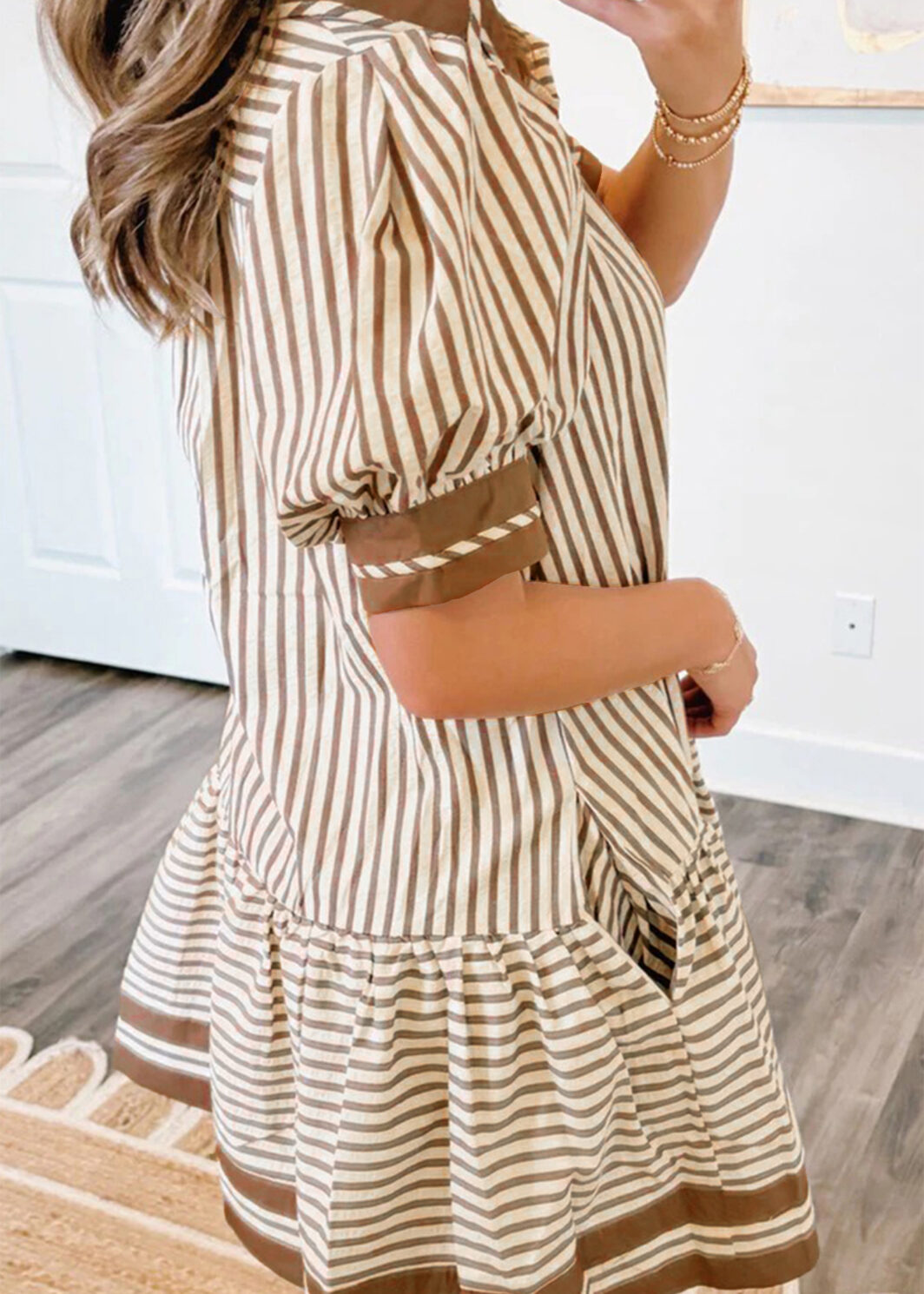 Brown Stripe Shirt Collar Color Block Patchwork Trim Ruffle Hem Short Dress