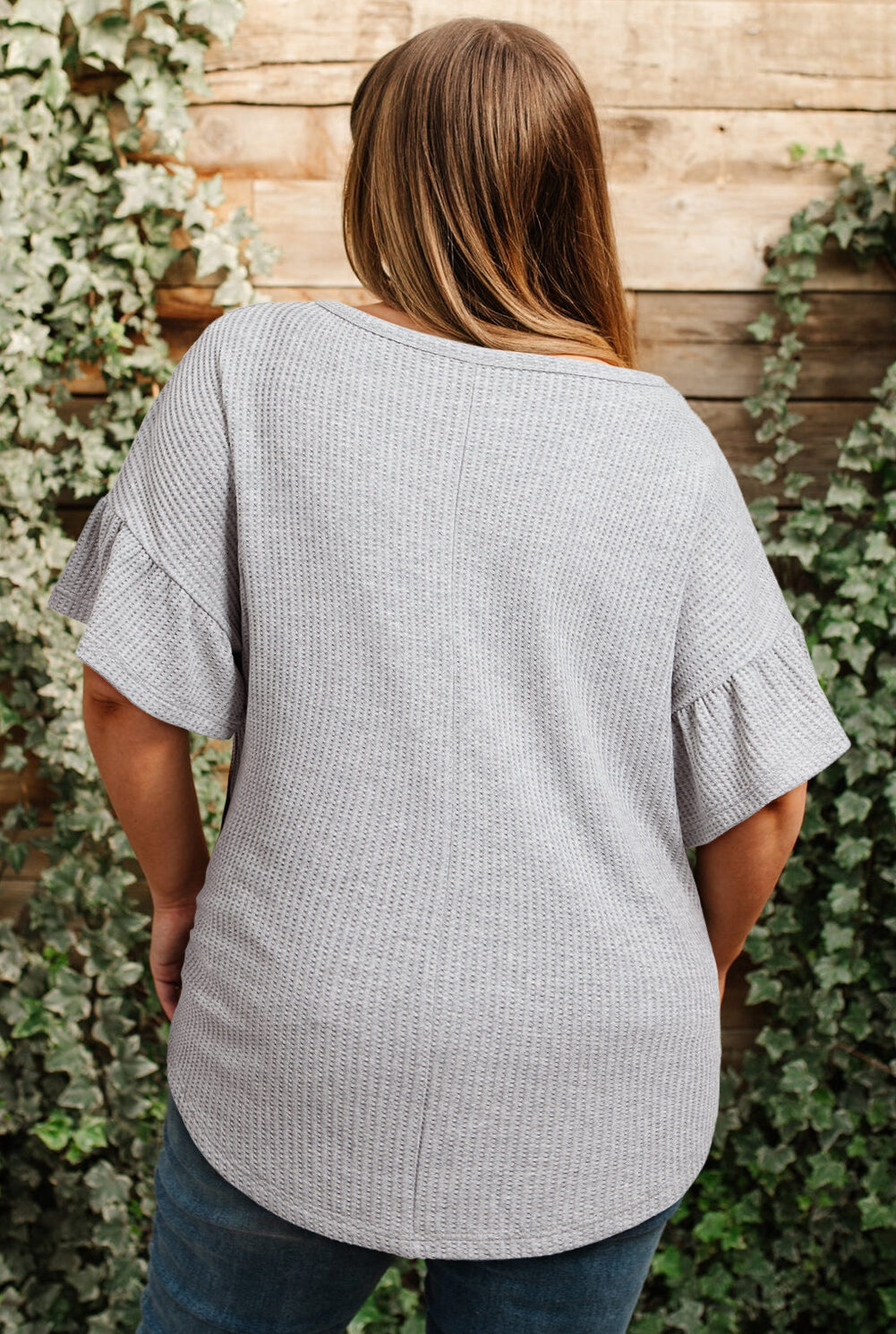 Light Grey Lace Insert Waffle Ruffle Short Sleeve Plus Size Top