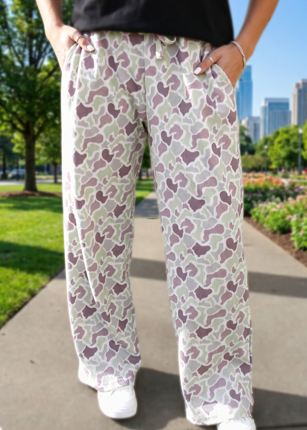 Green Camo Print Drawstring Waist Loose Fit Full Length Pants