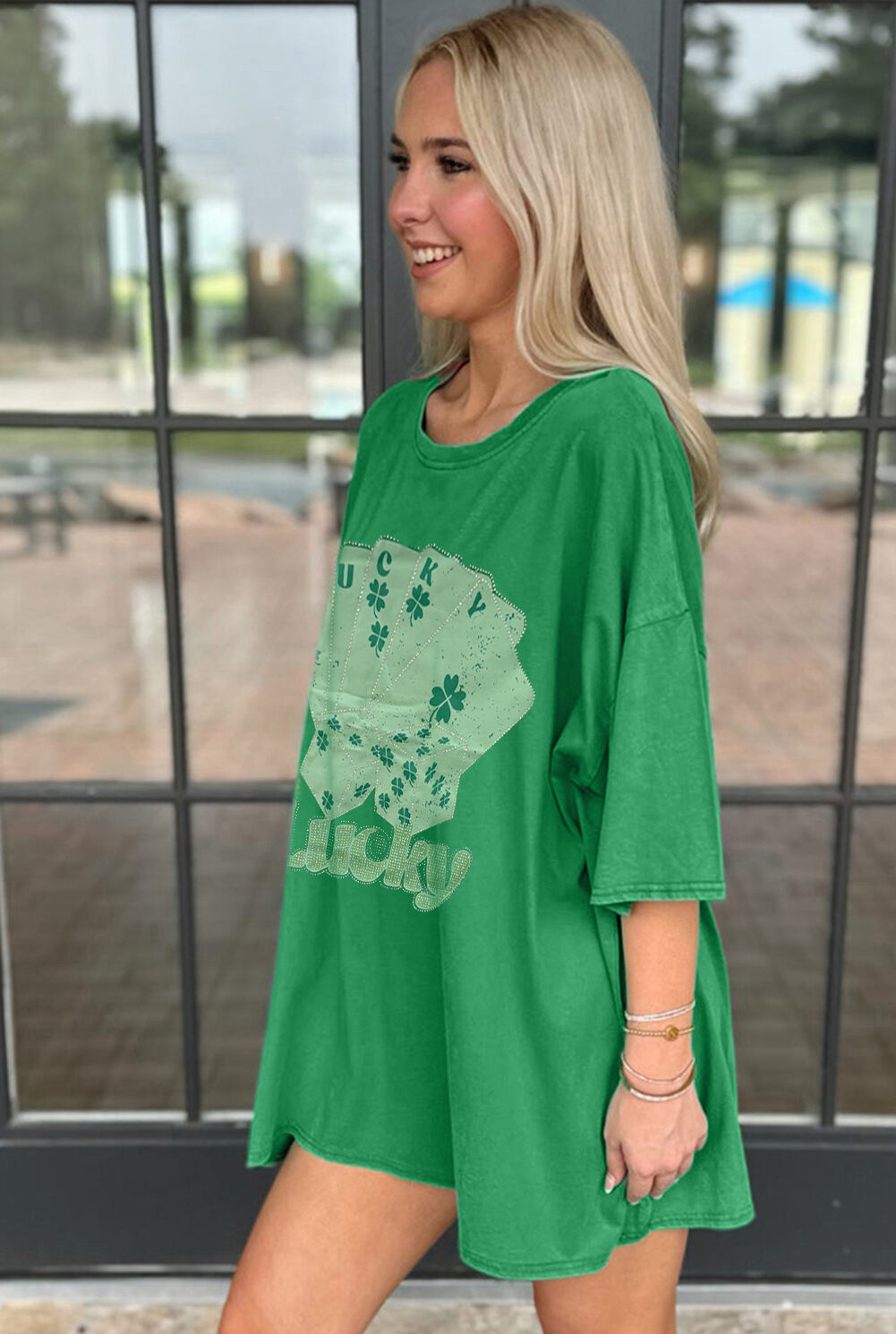 Bright Green Rhinestone Lucky Poker Cards Oversized T Shirt Mini Dress