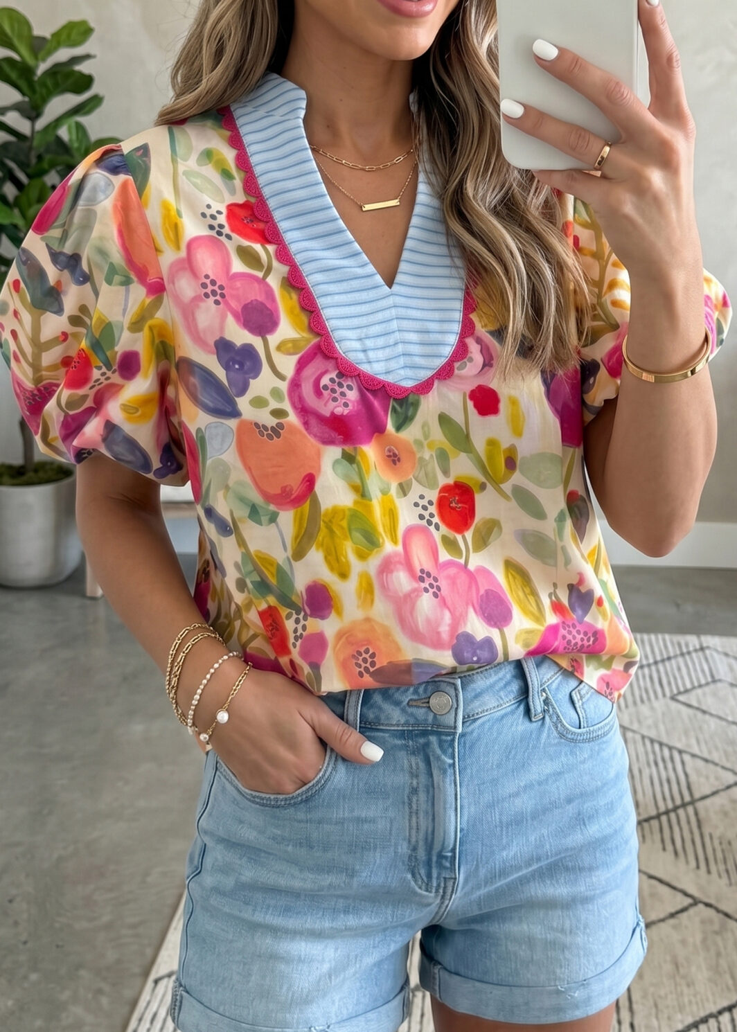 Rose Floral Print V Neck Short Puff Sleeve Cotton Blouse