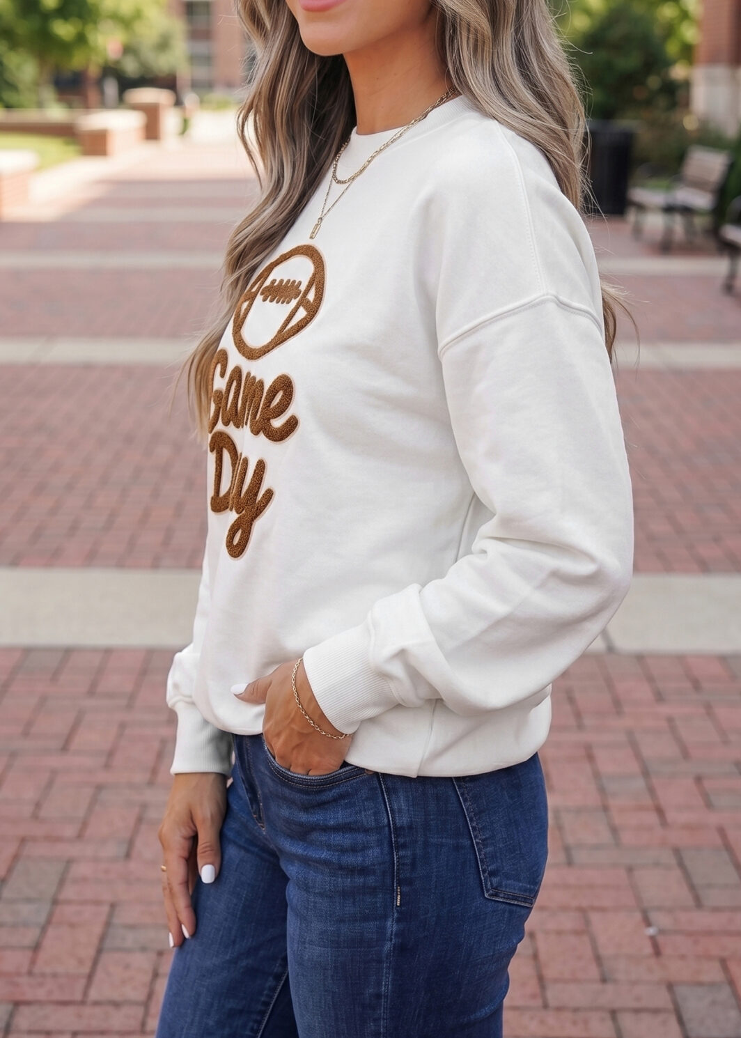 White Embroidered Slogan Game Day Rugby Pattern Crewneck Sweatshirt