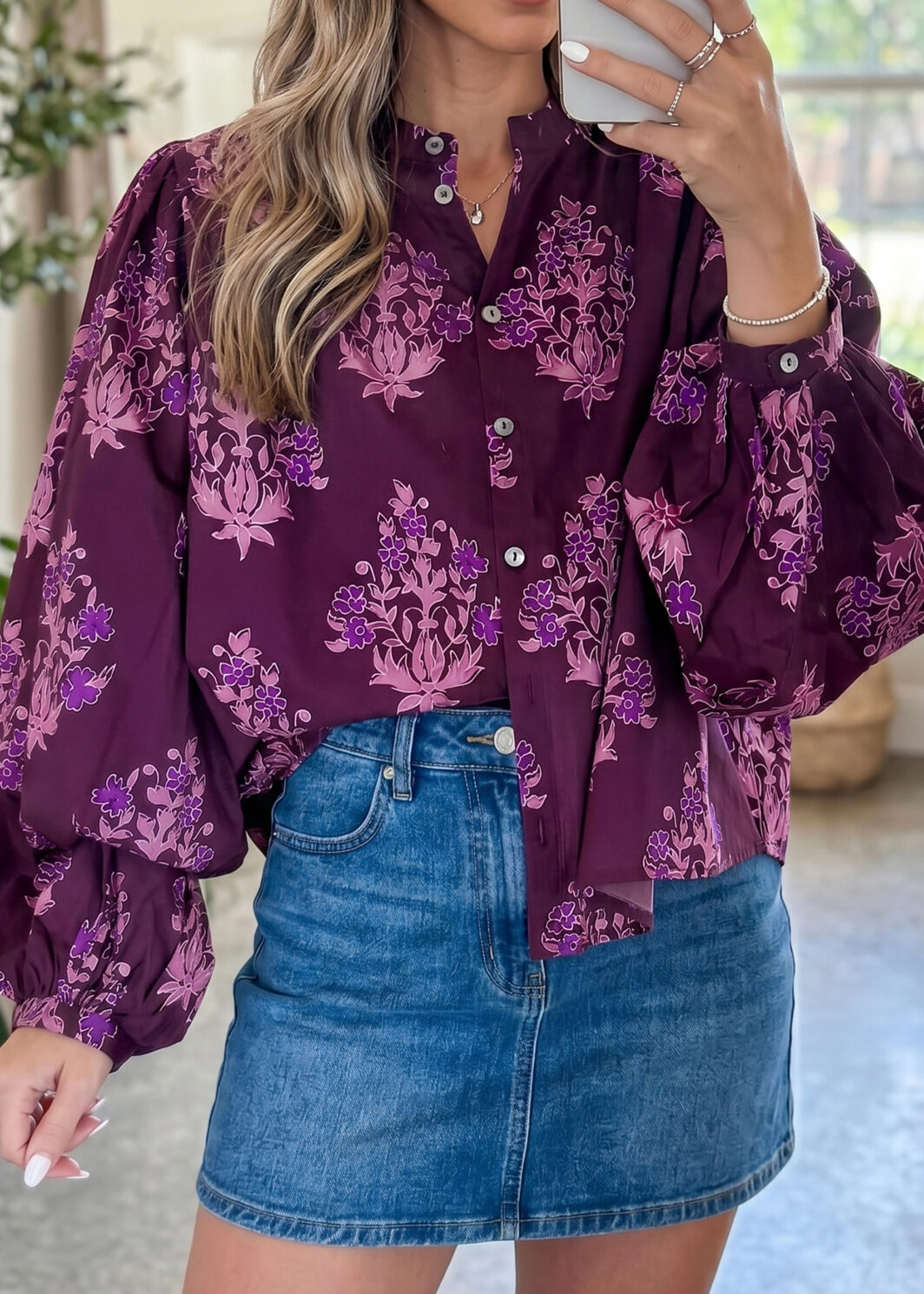 Purple Floral Print Button Front Long Puff Sleeve Shirt