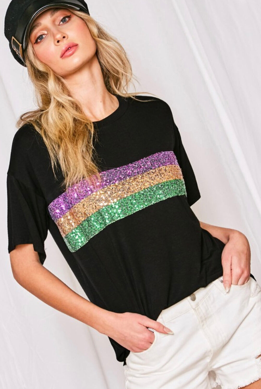 Black Sequin Stripes Patchwork Mardi Gras Crew Neck T Shirt