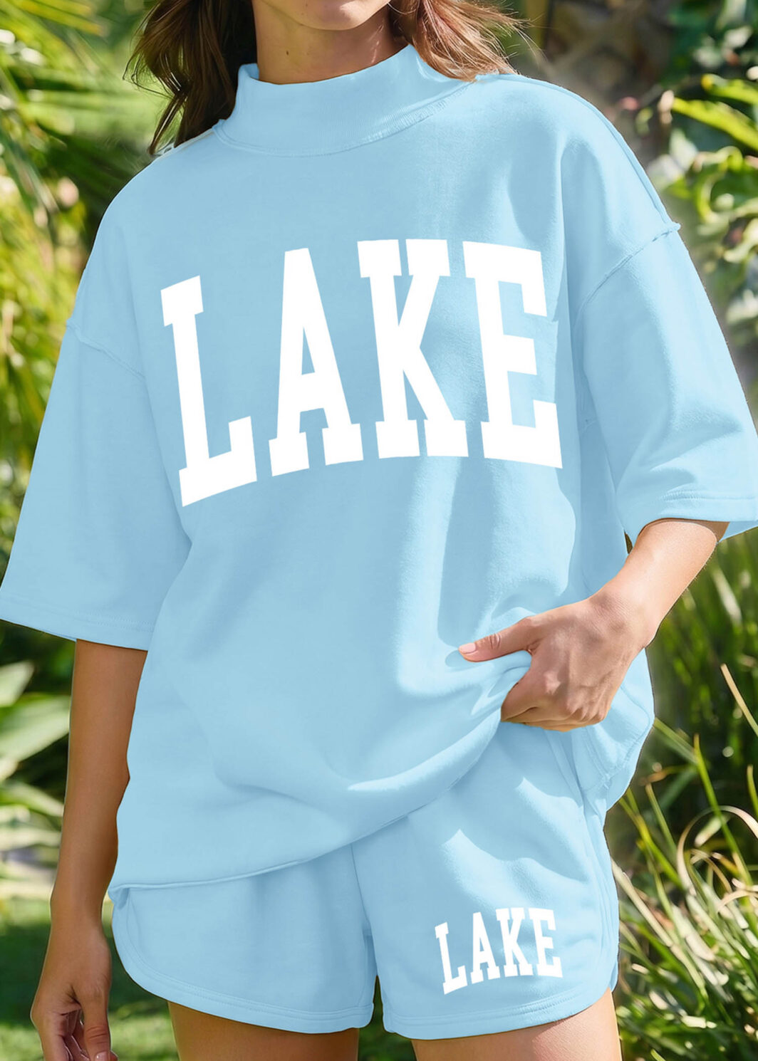 Mist Blue LAKE Print High Neck Short Sleeve Top Casual Short Set