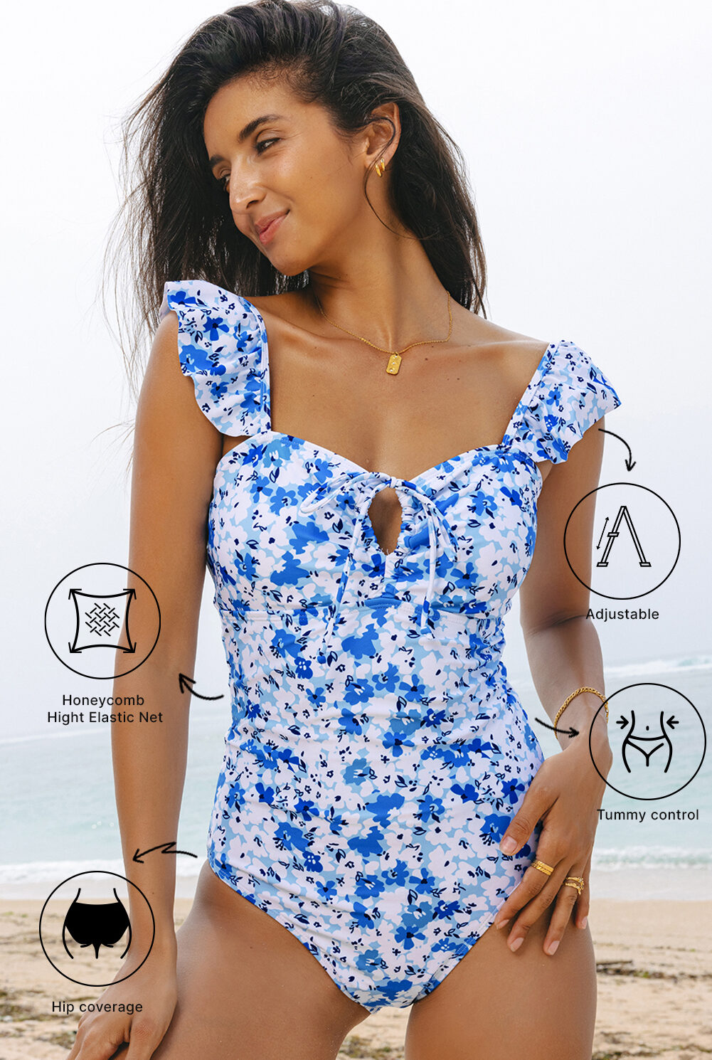 Blue Floral Ruffled Strap Lace-up Hollow Out One Piece Swimsuit