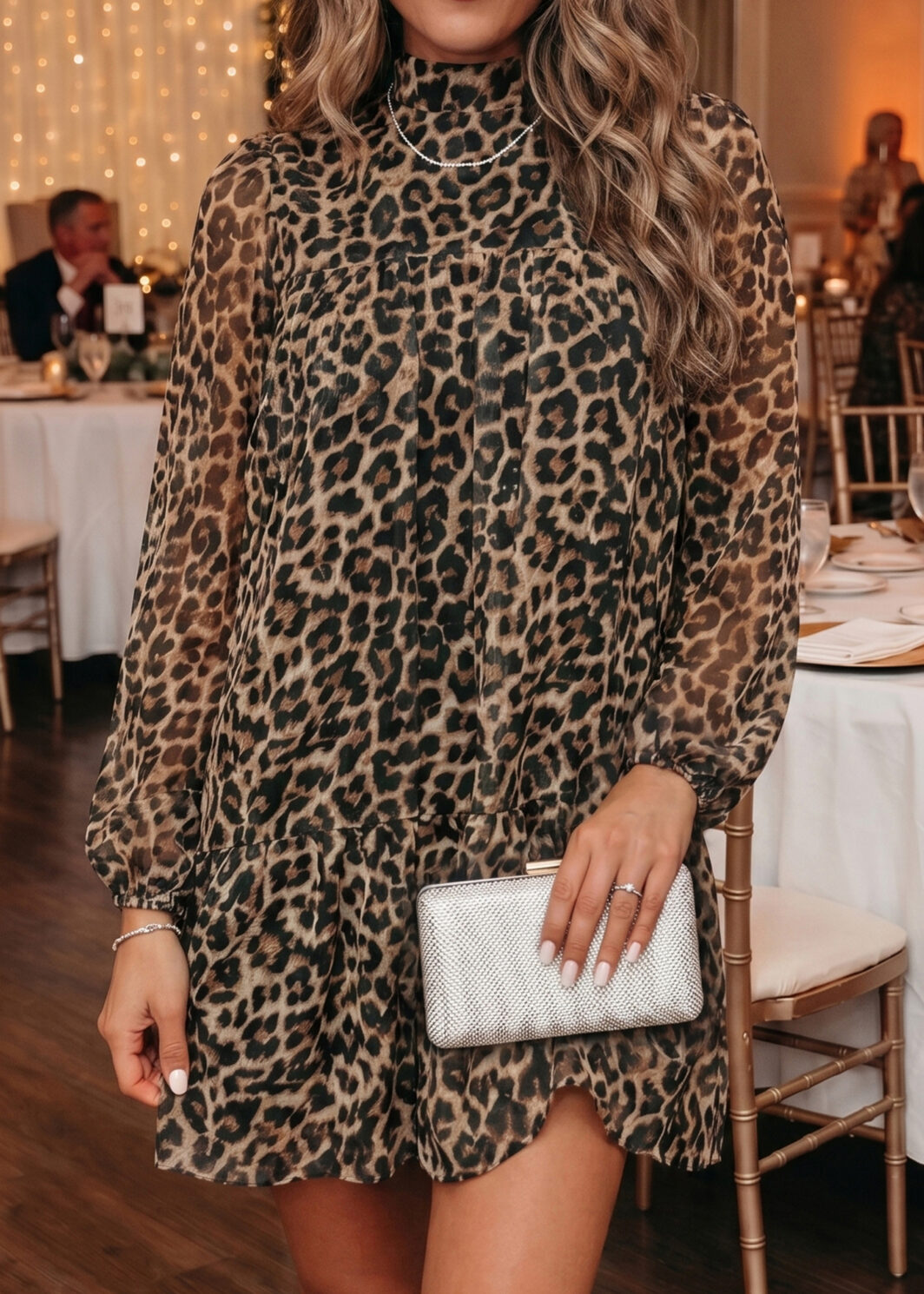 Brown Leopard Print Long Sleeve Short Shift Dress