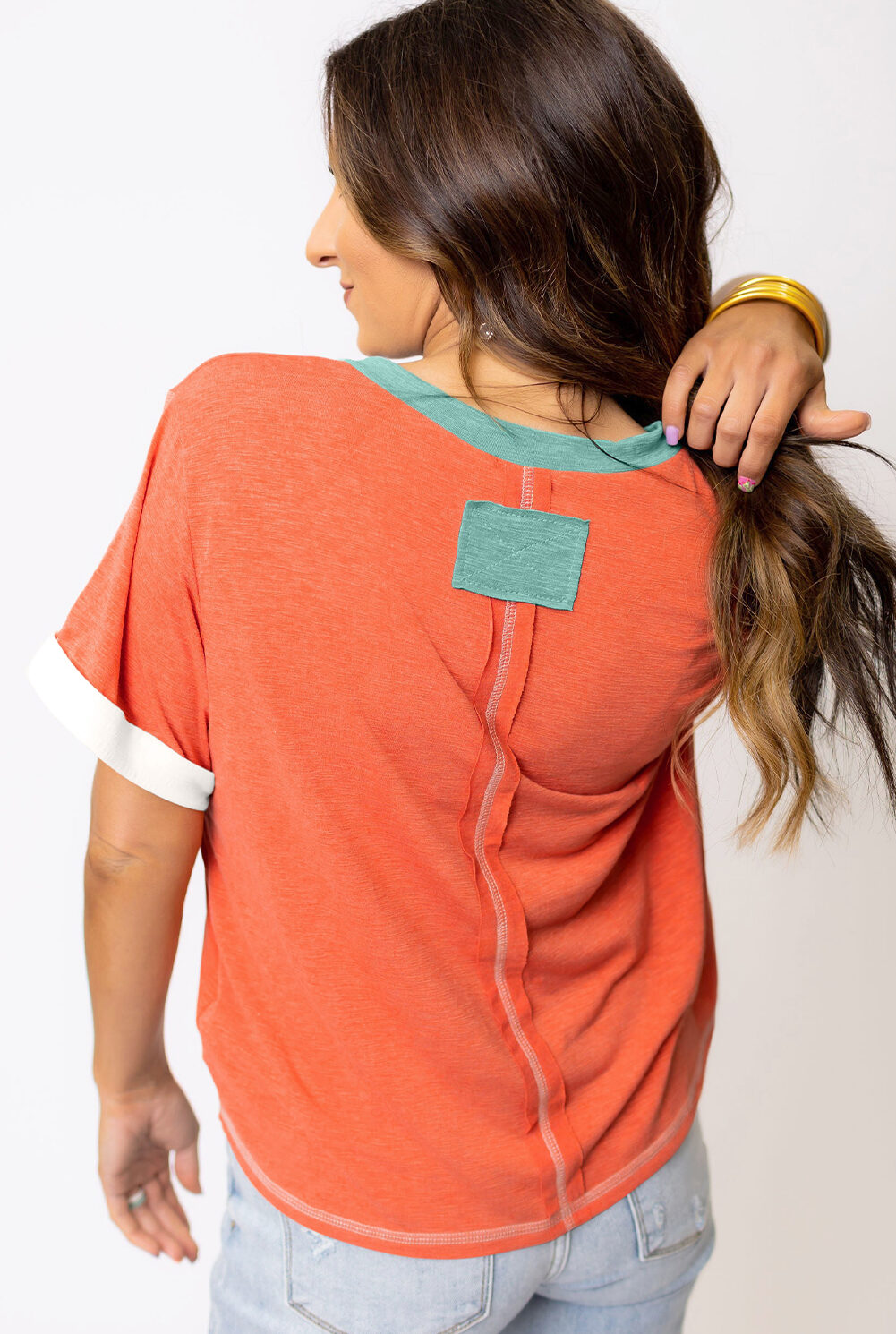 Grapefruit Orange Contrast Trim Exposed Seam V Neck T-shirt