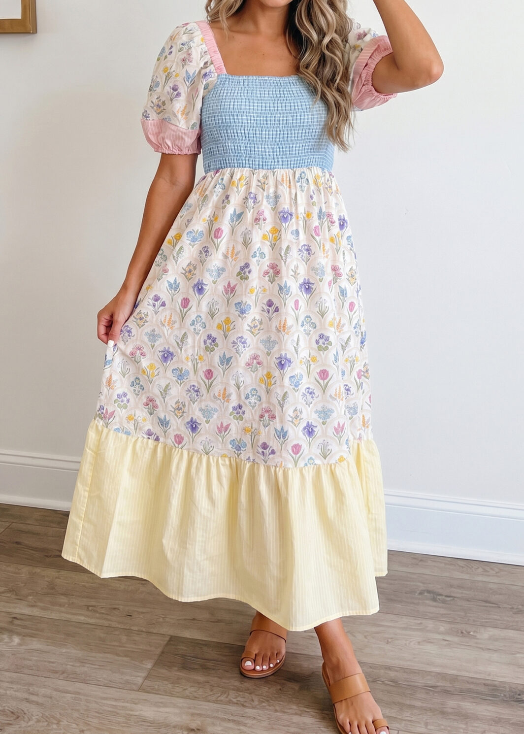 Multicolour Floral Print Striped Color Block Patchwork Square Neck Shirred Long Dress