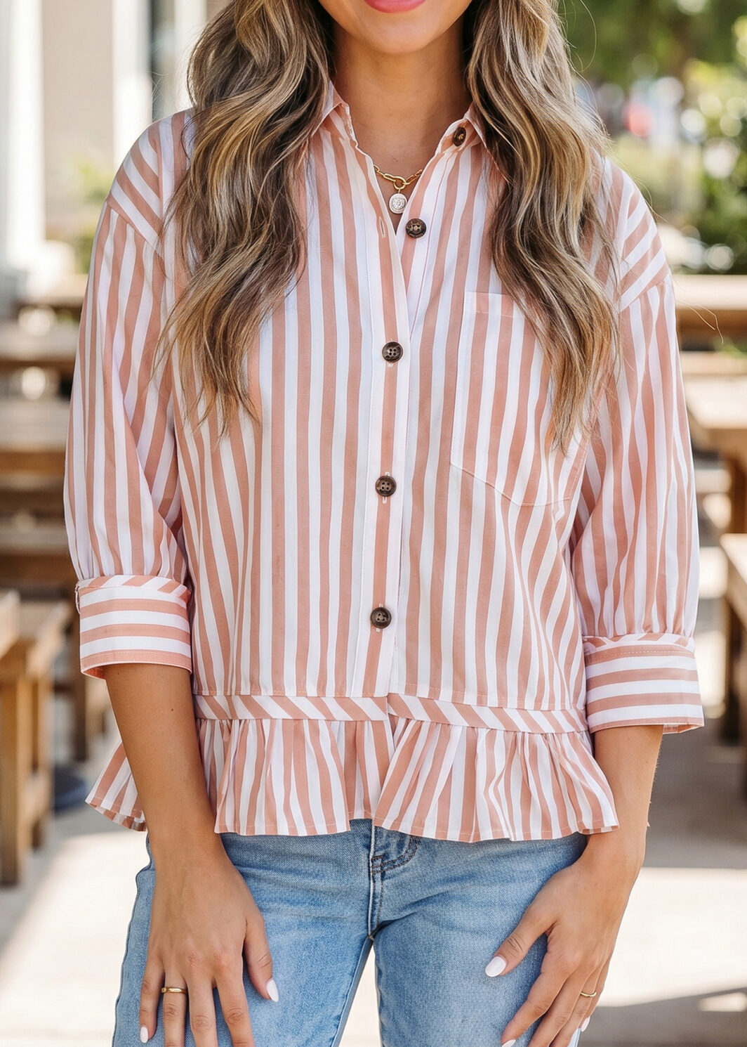 Khaki Stripe Collar Button Front Bracelet Sleeve Ruffle Hem Shirt