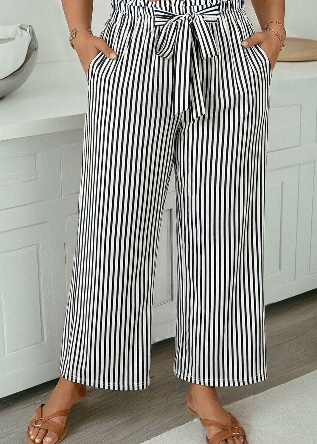 Black Stripe Plus Size Loose Straight Casual Pants