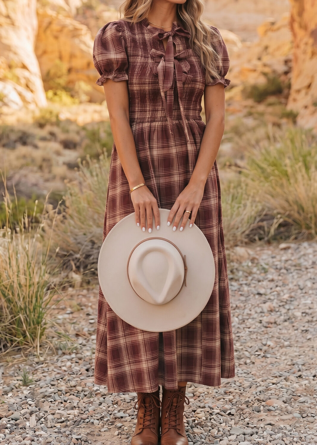 Red Vintage Plaid Knot Front Smocked High Waist Midi Dress