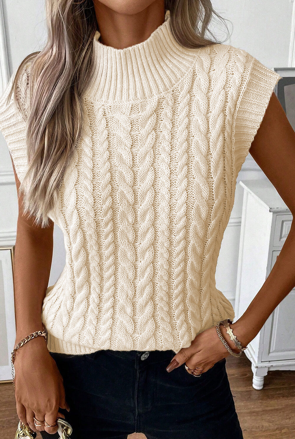 Oatmeal Cable Knit High Neck Sweater Vest