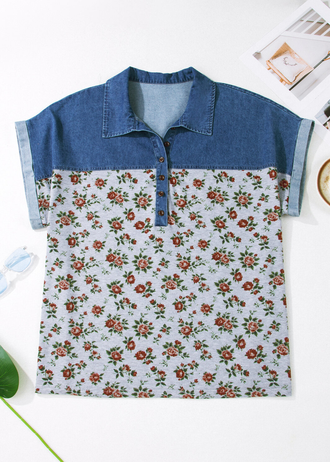 Gray Retro Floral Print Denim Patchwork Plus Size Polo Tee