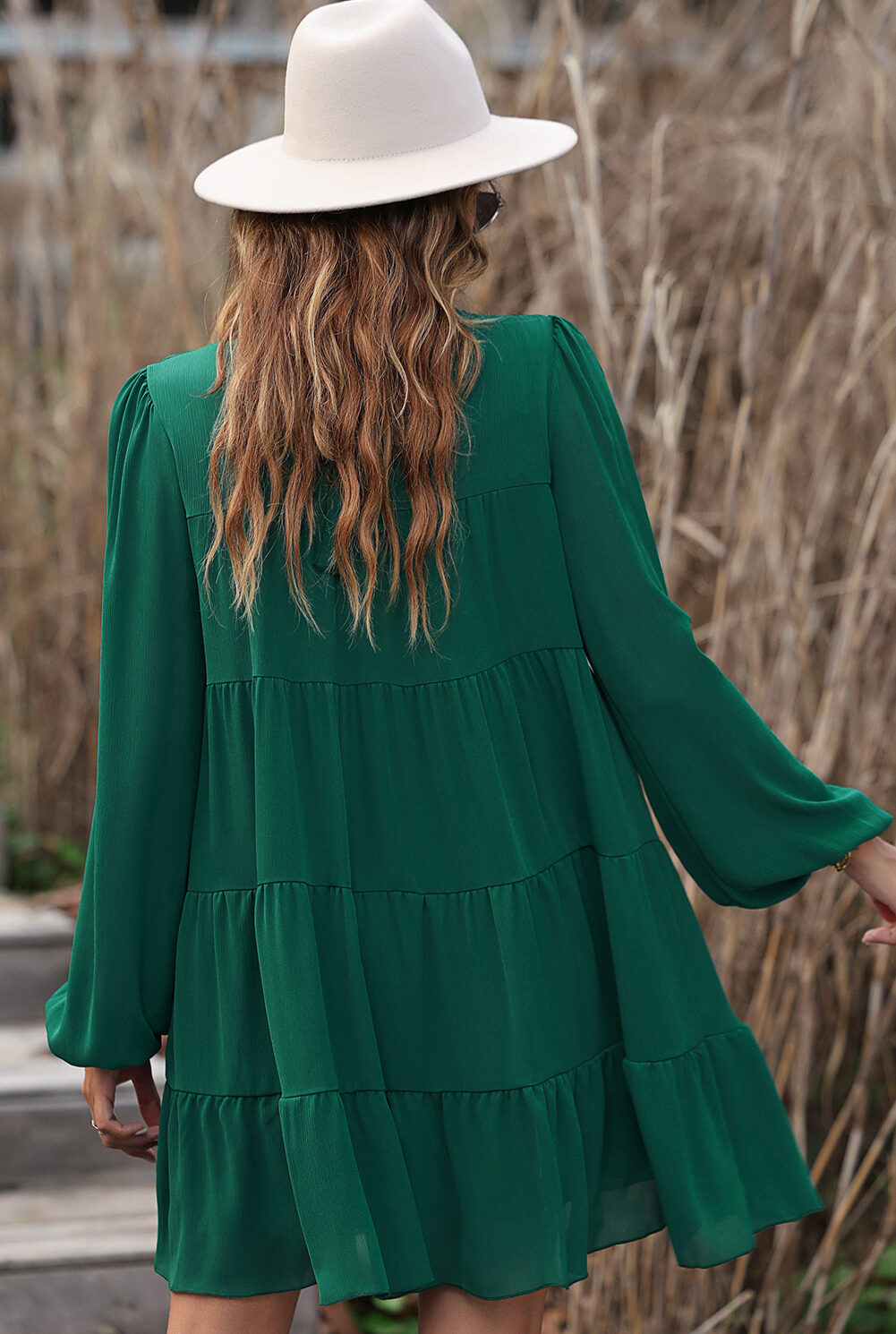 Green Puff Sleeve Mock Neck Back Knot Tiered Dress