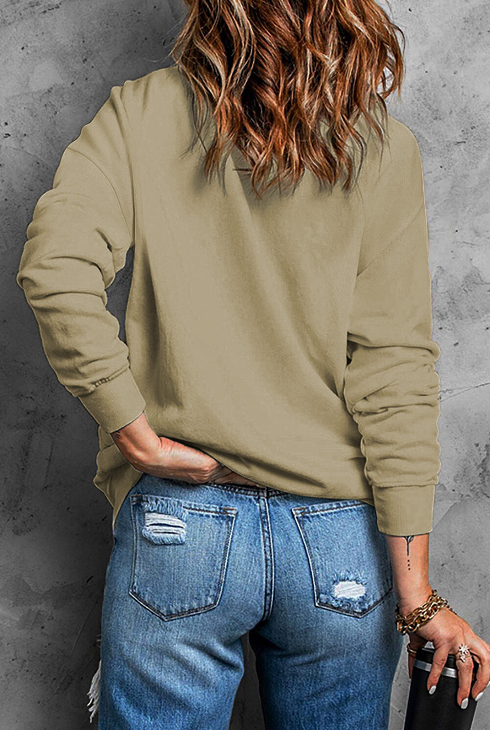 Khaki Plain Crew Neck Pullover Sweatshirt