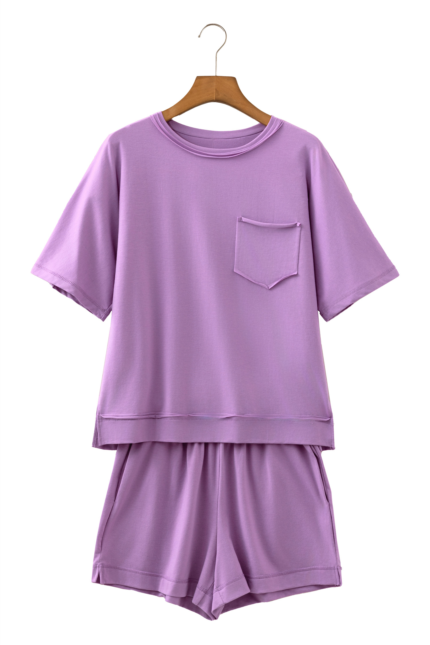 Strawberry Pink Raw Edge Patch Pocket Oversized Top and Shorts Set