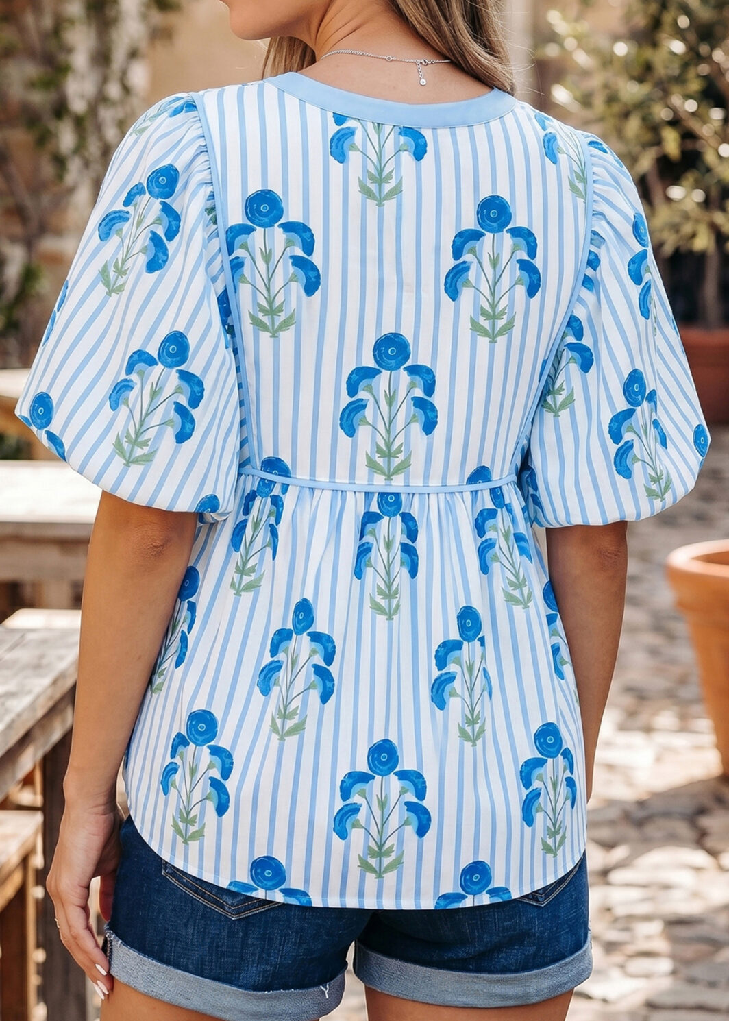 Sky Blue Floral Print Tie Neck Puff Sleeve Blouse