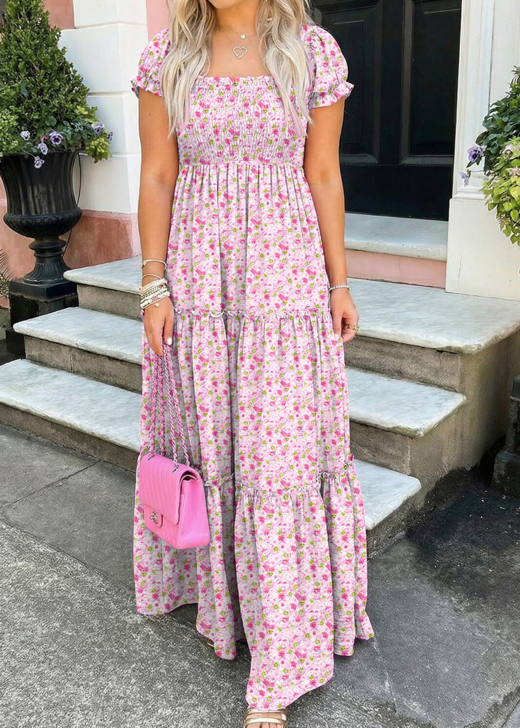 Pink Floral Short Bubble Sleeve Shirred High Waist Maxi Dress