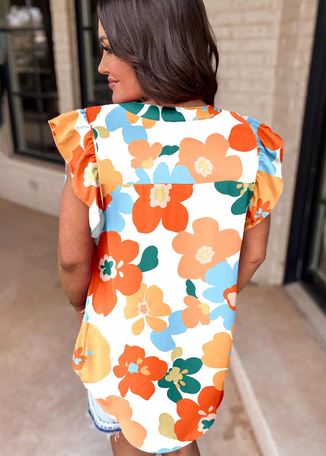 Orange Floral Notched V Neck Ruffled Sleeve Blouse