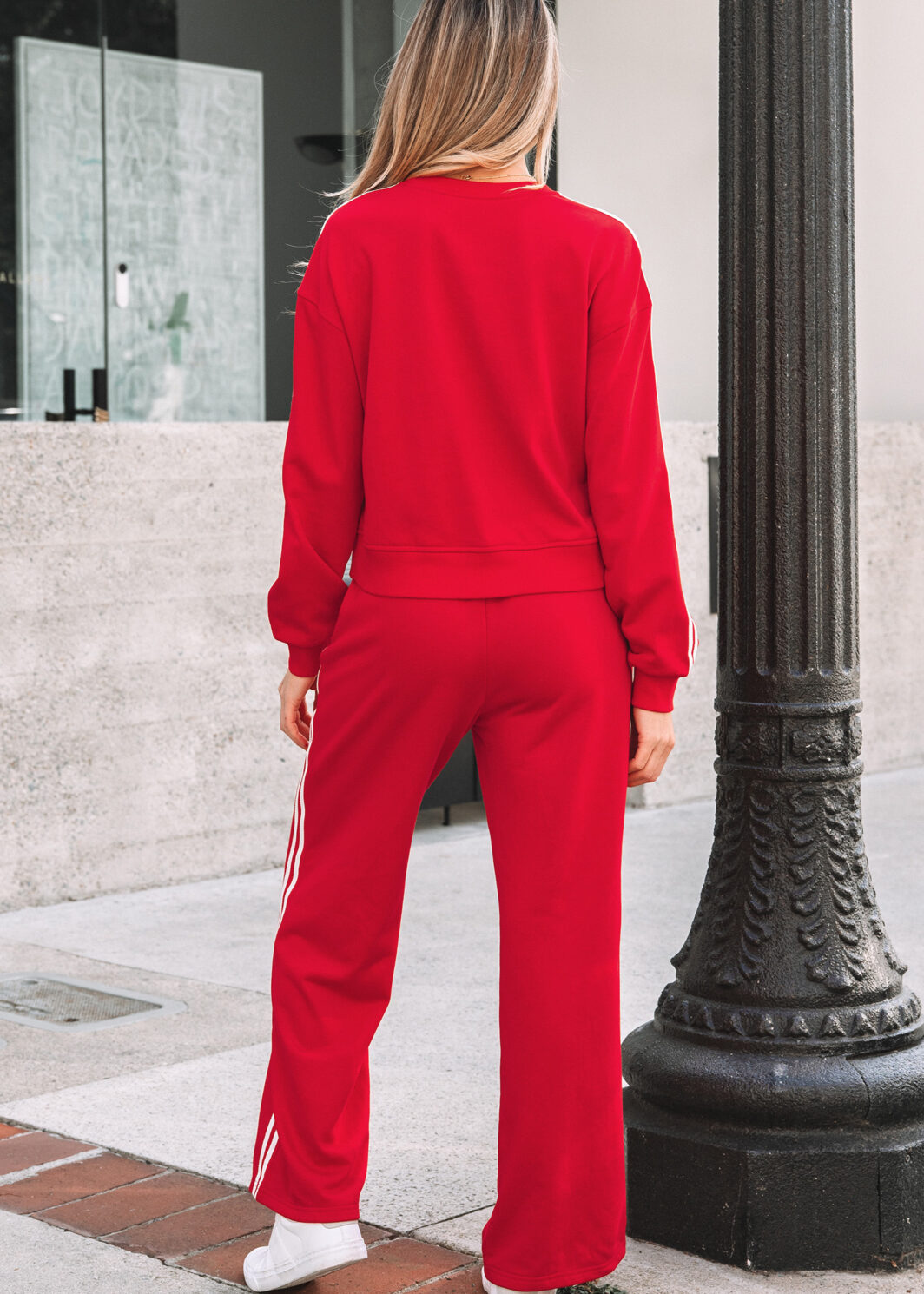 Fiery Red Varsity Striped Detail Crewneck Pullover Elastic Sweatpants 2pcs Outfit